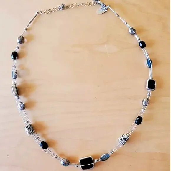 Lia Sophia Multi Strand Tiered Beaded Necklace Black Silver Blue Tone - Picture 7 of 7